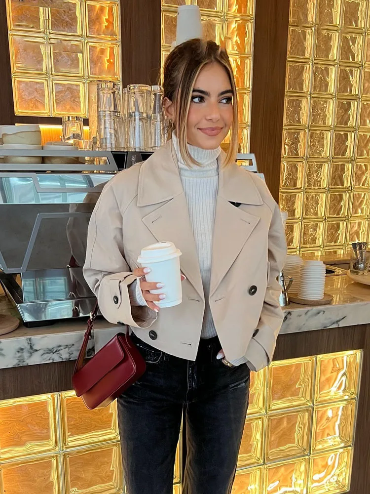 HH Trench corto moda donna Chic Solid doppio petto giacca a maniche lunghe donna cappotto slim design tascabile con risvolto vintage