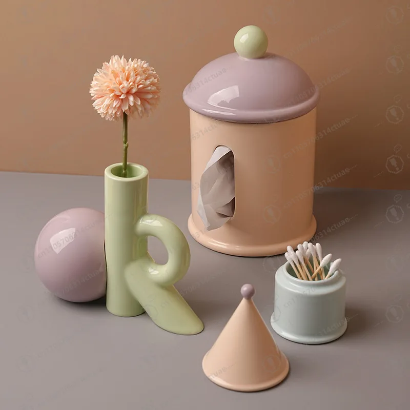 Home Desktop Dopamine Ornament, Ceramic Multifunctional Tissue Box Vase Floss Tube view 2