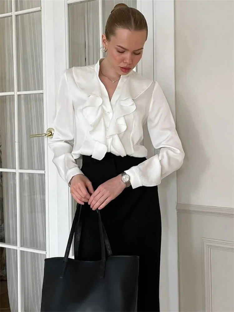 

Женская повседневная блузка из атласа с оборками, пэчворк, элегантная, для офиса, однотонная, с длинным рукавом, весна 2026