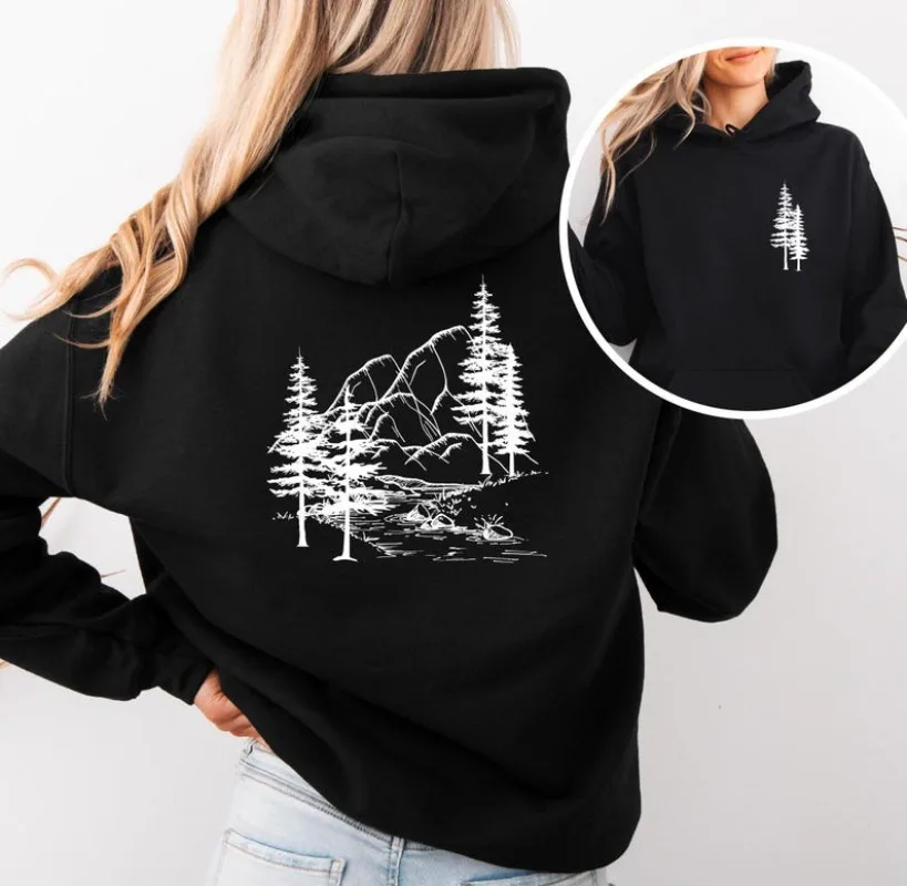 

Толстовка с капюшоном Nature для любителей леса, рождественский свитер, толстовка с капюшоном, графический дизайн, пуловер спереди и сзади, пуловер с изображением дерева и реки, свитер