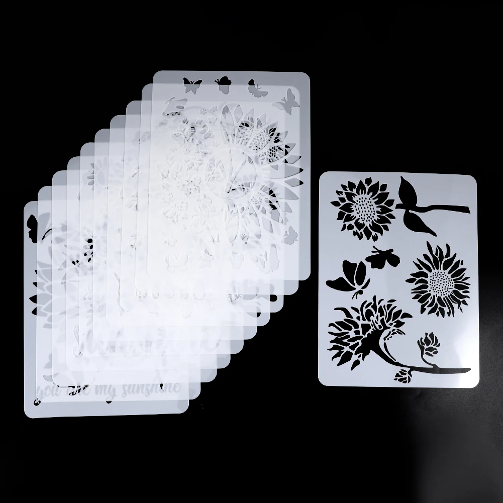 Translúcido PET Girassol Pintura Animal Stencil, Móveis DIY Craft, Graffiti reutilizáveis, modelo de desenho, a lenha, 11pcs