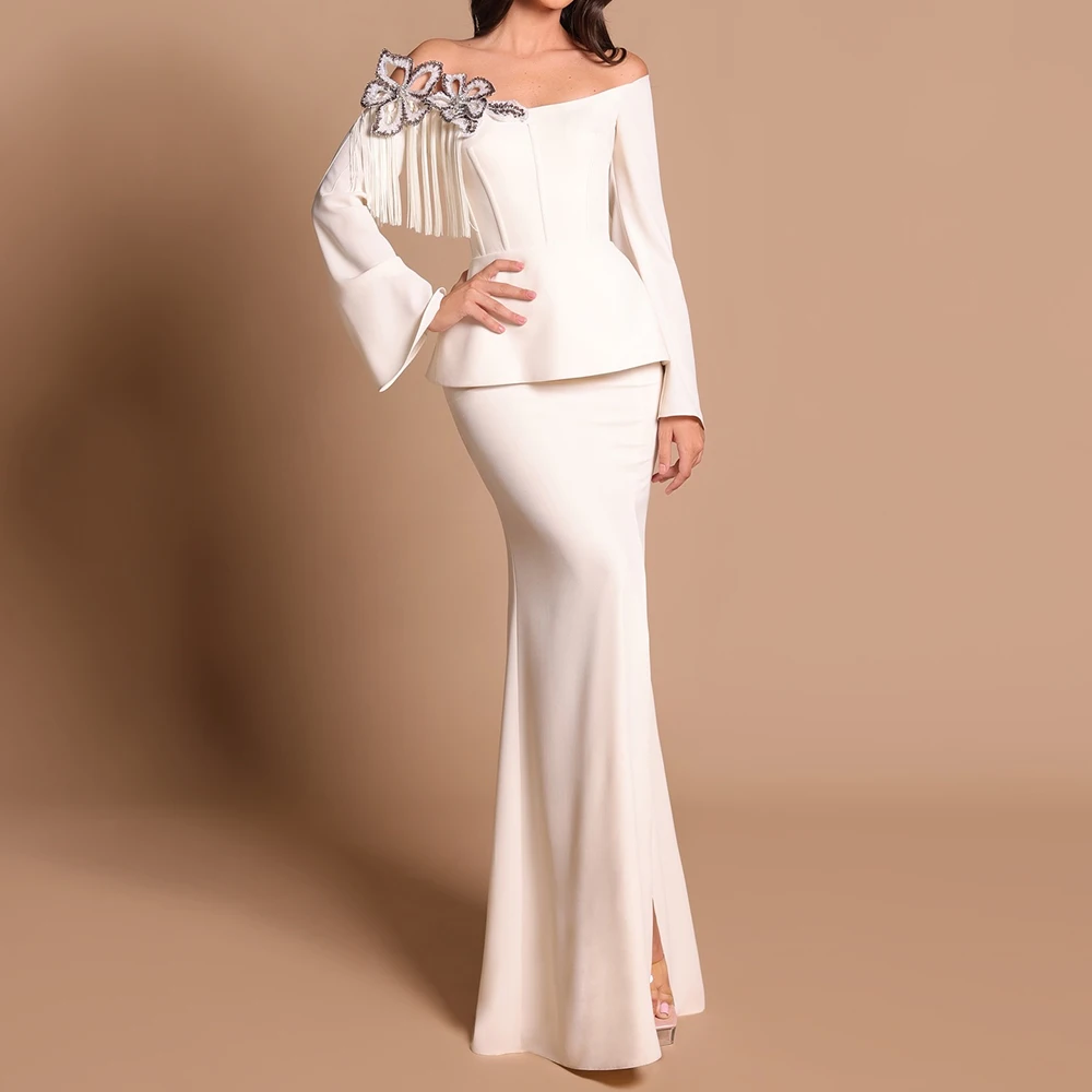 

Customized A-line Evening Dresses Floor-length Off The Shoulder Full Sleeve Prom Gown Fashion Flowers Simple Draped Party Gown