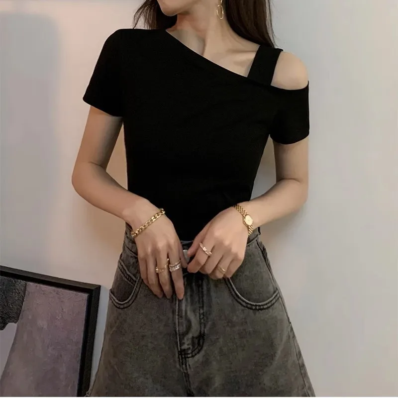

Off Shoulder T-Shirt Top Y2K Womens Short Sleeve T-Shirts Summer Casual Loose Fit Cotton High Quality Plain Color Simple Regular