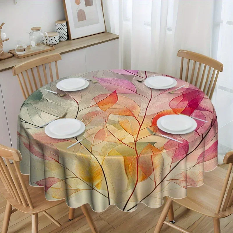 One fashionable round tablecloth with a bright autumn leaf pattern - made of polyester fiber, machine-washablexzj