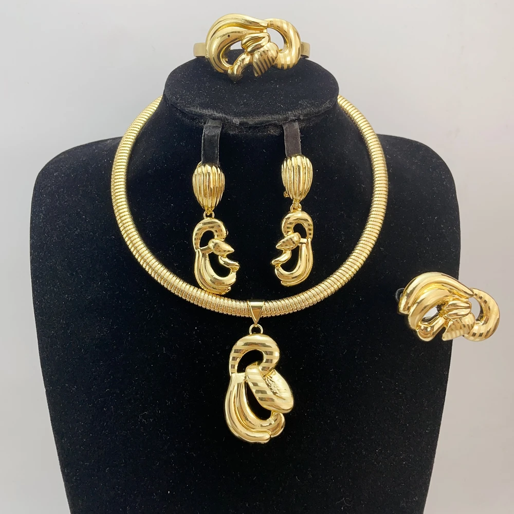 

Hot Selling Italian Gold Plated Jewelry Women's Wedding Party Banquet Big Pendant Light Weight Bold Jewelry Sets FHK21873