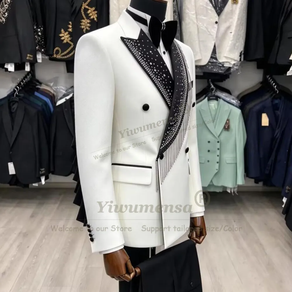 Elegant Man Tuxedos Beading Double Breasted Asymmetrical Black Lapel Wedding Suit 2 Pieces Jacket Pants Evening Groom Customized
