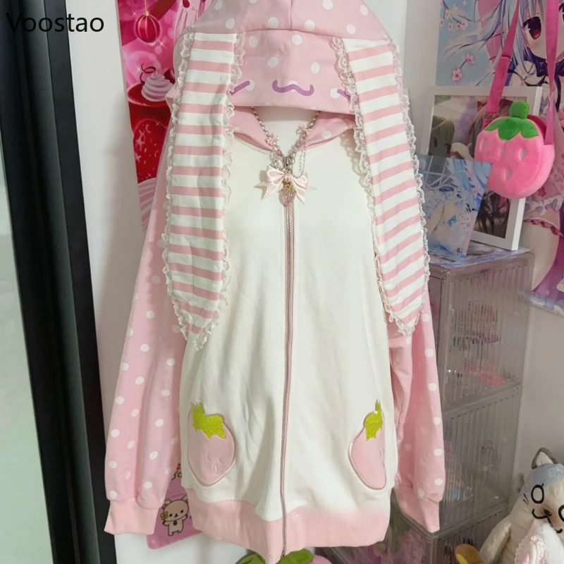 

Японские пальто Kawaii Lolita на молнии, женские милые розовые полосатые кроличьи уши с капюшоном ​ Толстовки Casual Hoody Y2k Strawberry ​ Куртки