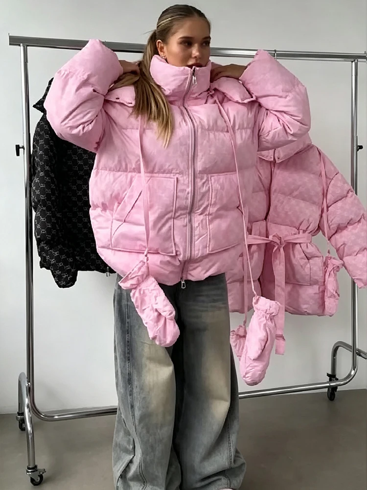 Chic Pink Patterned Hooded Coat Detachable Hood Zip Up With Belt Attached Gloves Loose Outerwear Women Casual Winter Daily Wear