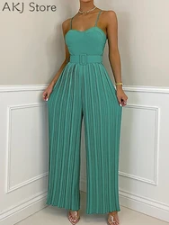 Women Spaghetti Strap Pleated Wide Leg Jumpsuit