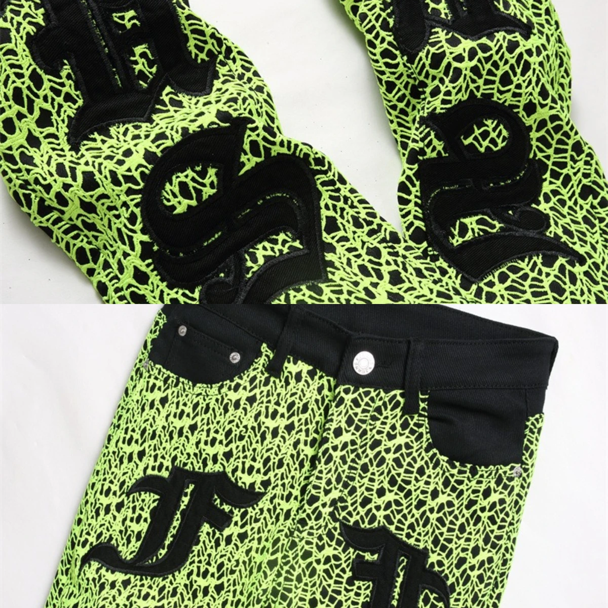 Leopard Pattern Spliced Jeans Men's Pants Badge Embroidery Star 3D Worn Out Zipper Slim Fit Versatile European American Trends 2