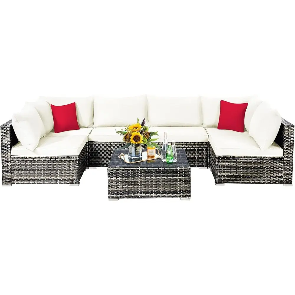 

White All-Weather Outdoor Patio Rattan Furniture Set with Cushions and Tempered Glass Coffee Table for Garden, Lawn, Backyard