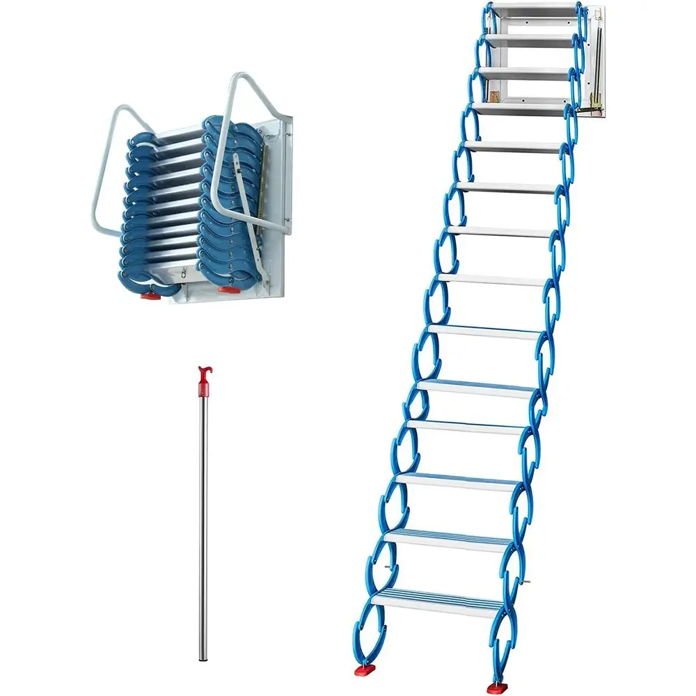 

Max 3.5m Blue Wall-Mounted Scissor Ladder for Attic Stairs with Handrail, Up to 11.5ft