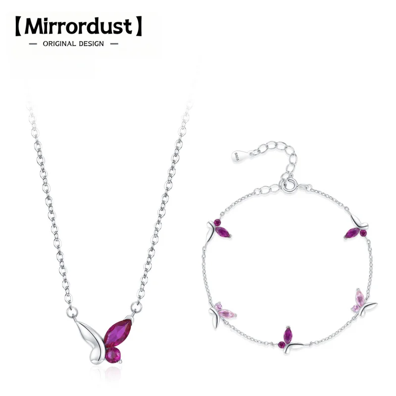 

【Mirrordust】S925 Silver Pink Sweet Romantic Butterfly Necklace Bracelet New Niche Design ins Wind Jewelry Set