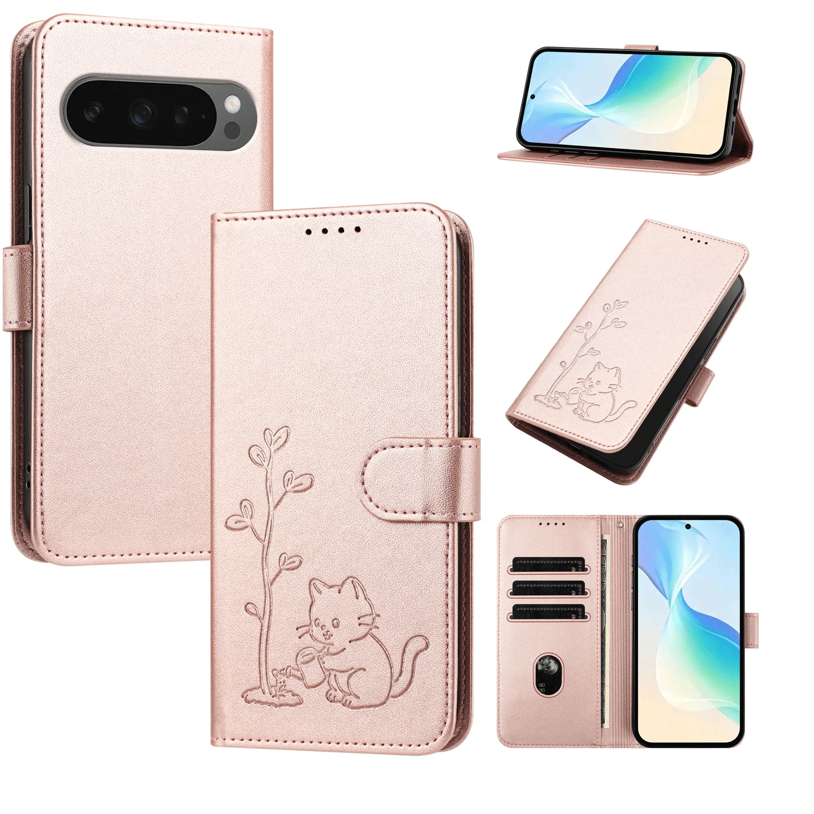 Cute Cat Watering Tree Flip Card Slot Wallet Leather Phone Case for Google 11 Pro XL 10 Pro 9a 8a Shockproof Book Stand Cover