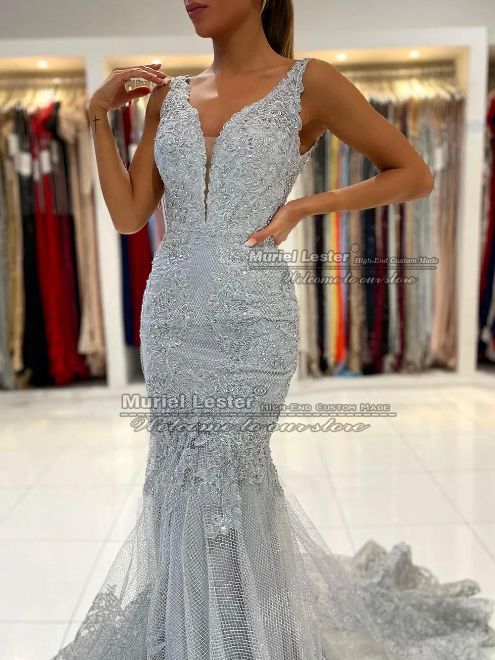 Mùa Xuân Sliver Xám Mermaid Prom Dresses Sexy Backless Phụ Nữ Kết Hôn Trang Phục Chính Thức Bên Hạt Evening Gowns Custom Made Robe De Mariee