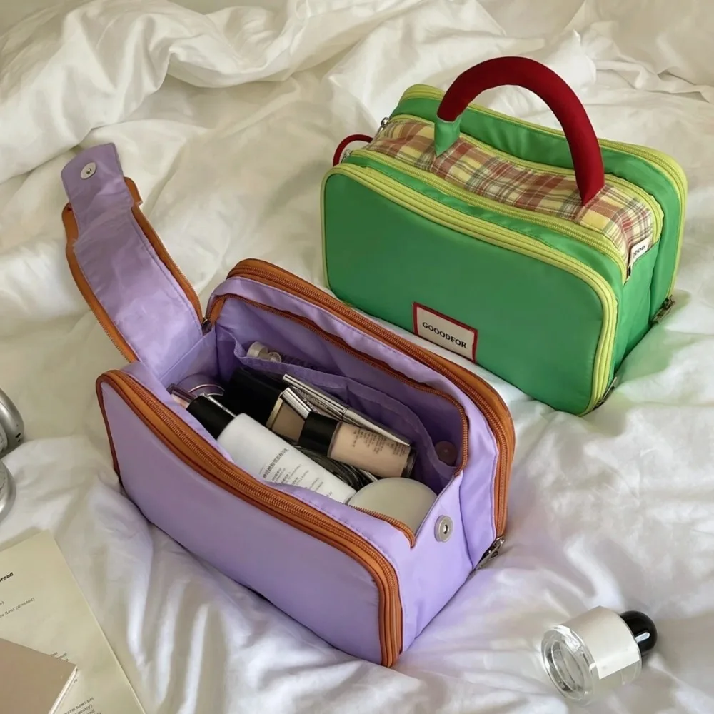 

Мультяшная ткань Оксфорд, клетчатая косметичка для хранения, портативный дорожный косметический контейнер, большая вместительная ручка, сумка для мытья, дорожная сумка