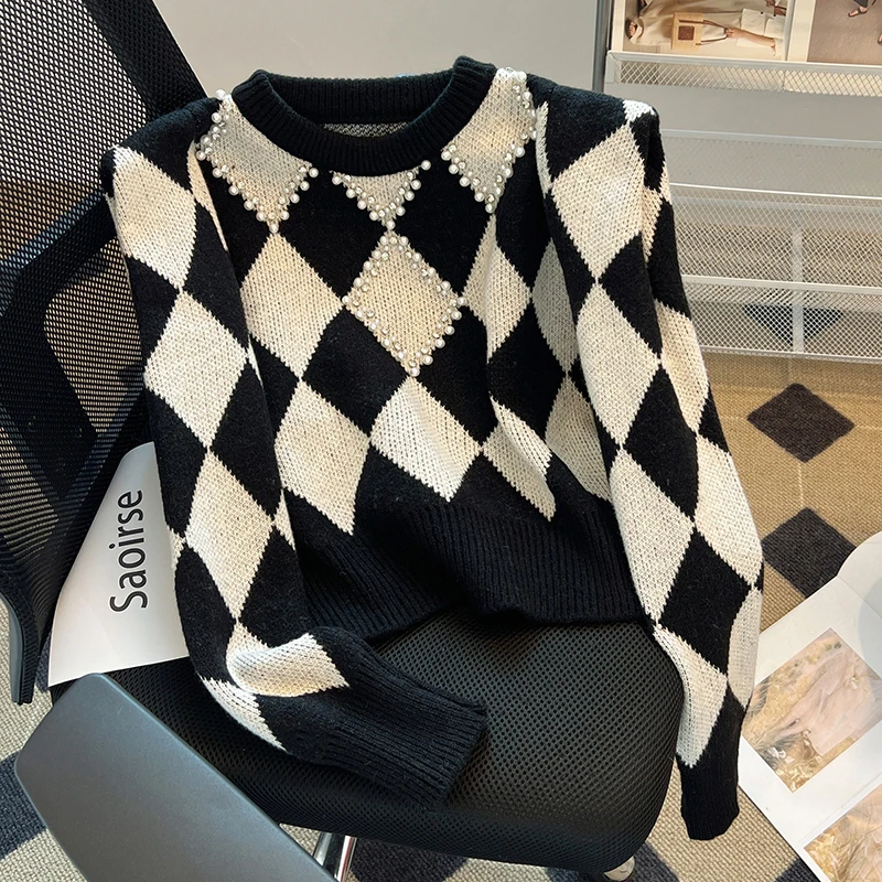 Suéter de malha treliçada feminino, manga comprida, pulôver solto de lã, jumper externo com gola redonda, grosso todo o fósforo, tops básicos, outono inverno