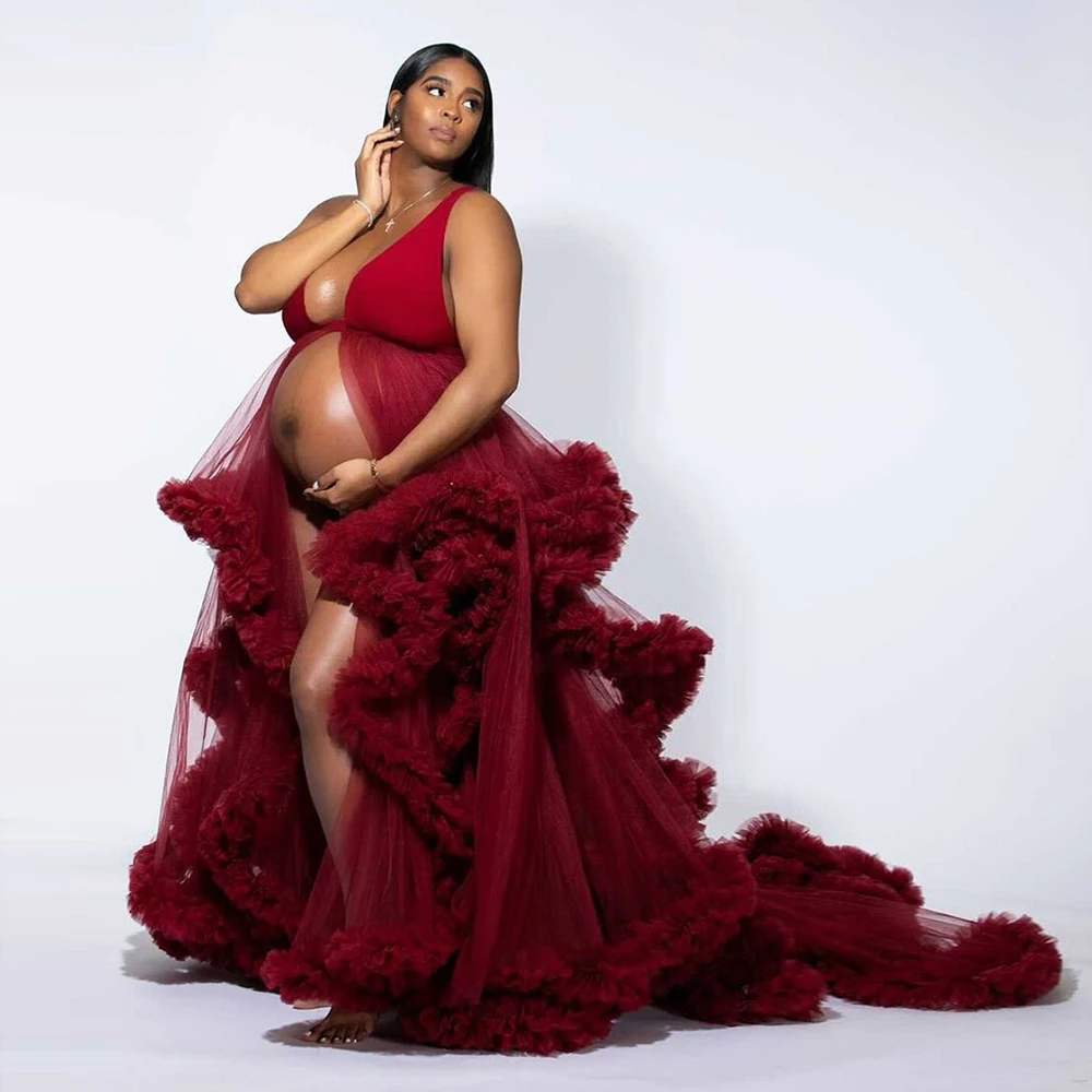 

Stunning Burgundy Custom Made Strech Fabric V Neck Voluminous Tulle Cloud Maternity Dress for Photoshoot Baby Shower Gown YEWEN