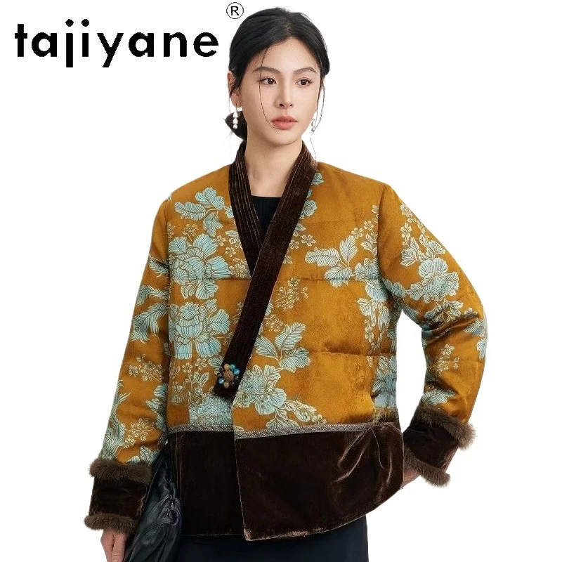 TAJIYANE 90% ganzendons jas dames luxe jacquard donsjassen met nertsenbont manchetten korte puffer jassen 2025 winterkleding  soi