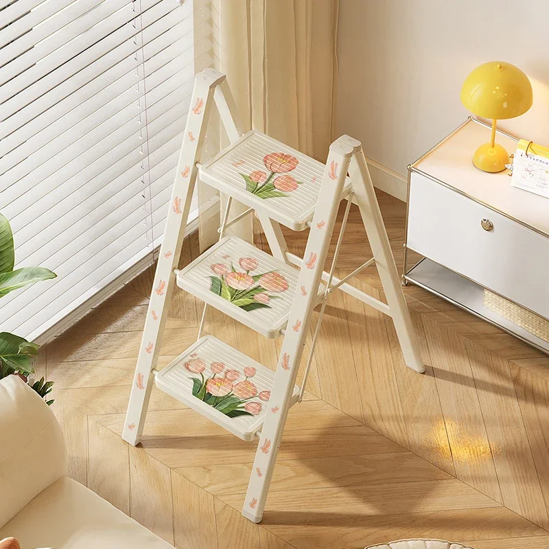 Cream Wind Light Folding Ladder Telescopic Thickened Multifunctional Ladder Bench Indoor Bedside Shelf Ladder Stool Furniture