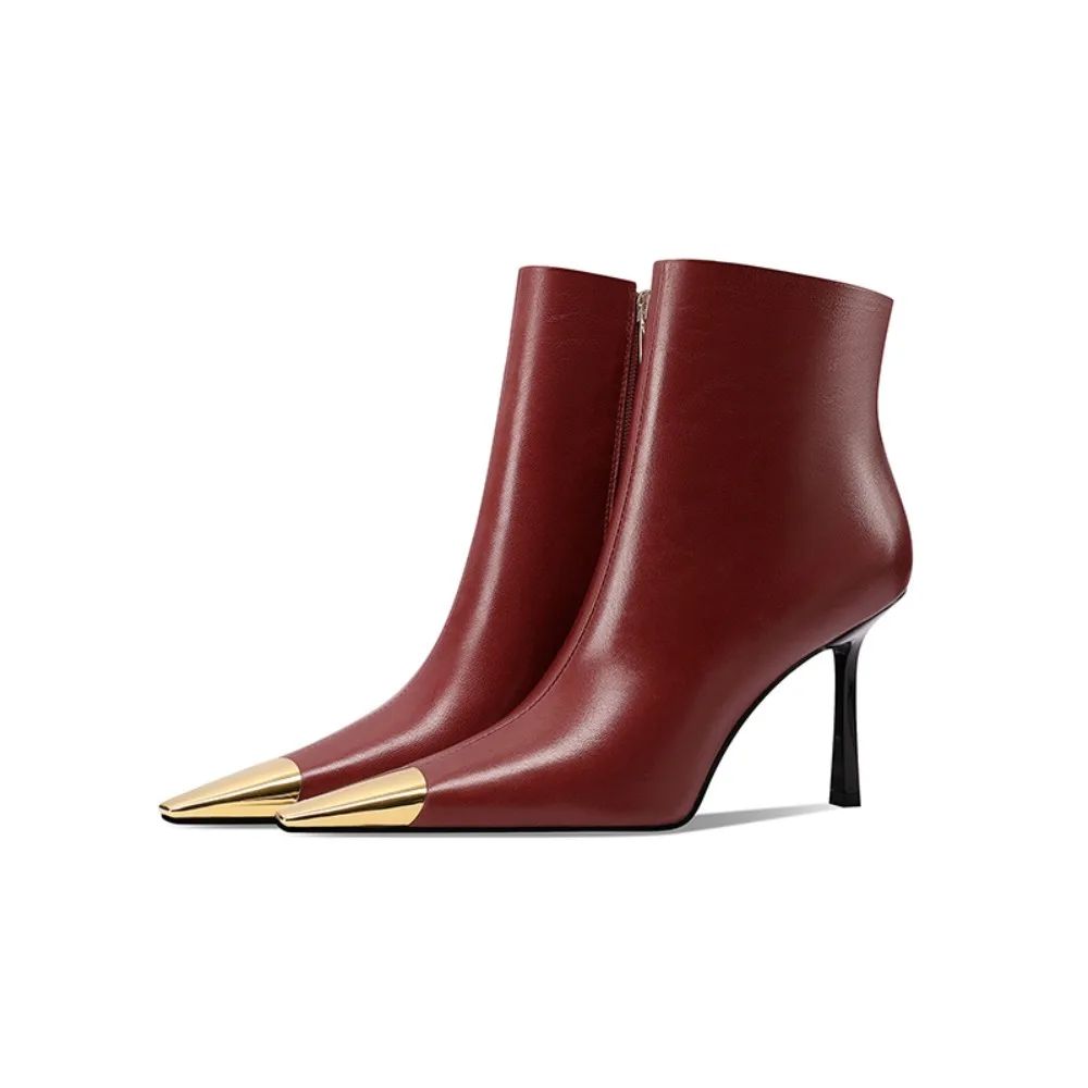 

2025 Autumn Winter Boots Metal Pointed Tip Women Boots Fashion Leather Boots High Heels Stilettos New Women Ankle Boot