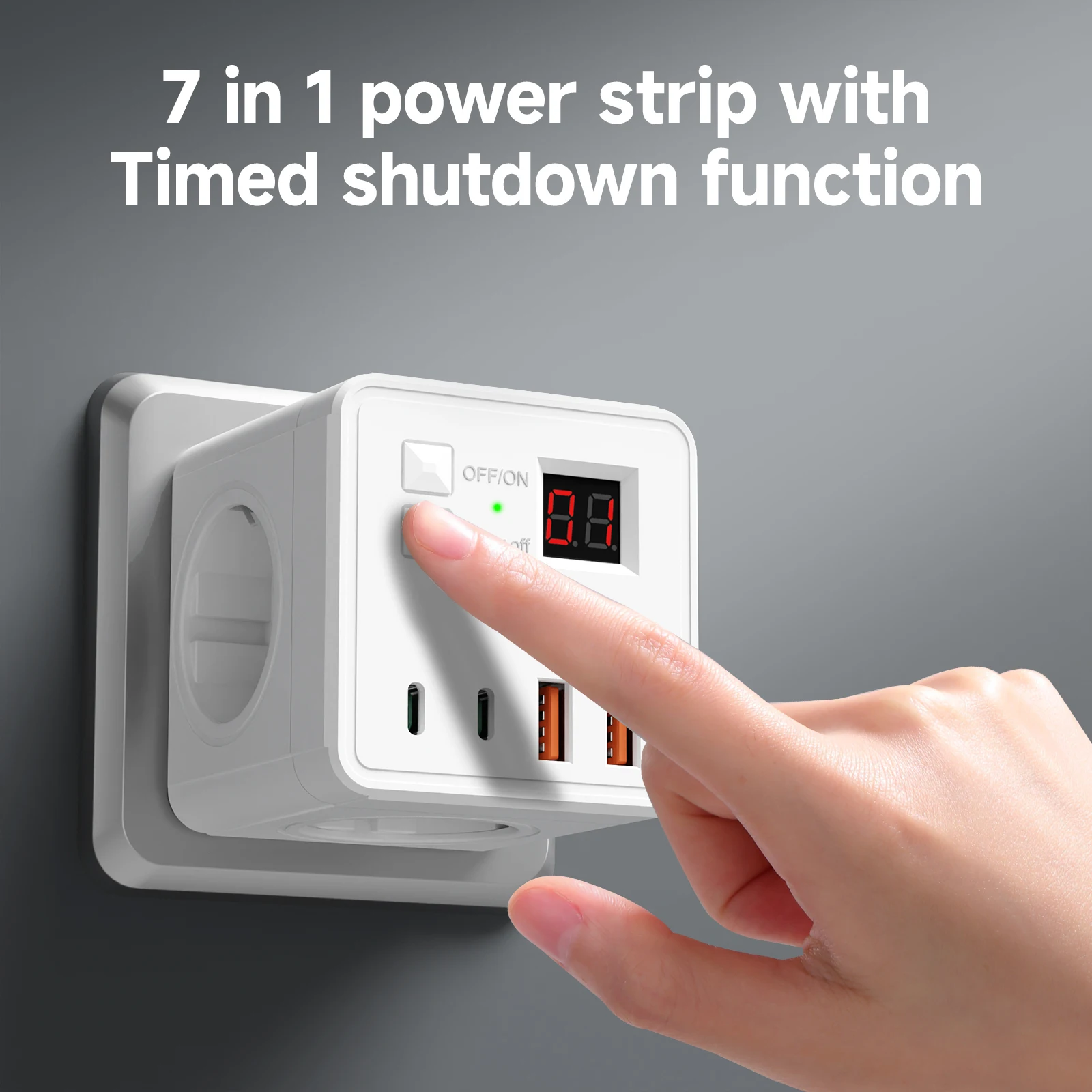 7-in-1 voedingsblok voor de EU, multifunctionele verdeelkast met timer, 3 AC-aansluitingen, 2 USB en 2 USB-aansluitingen.