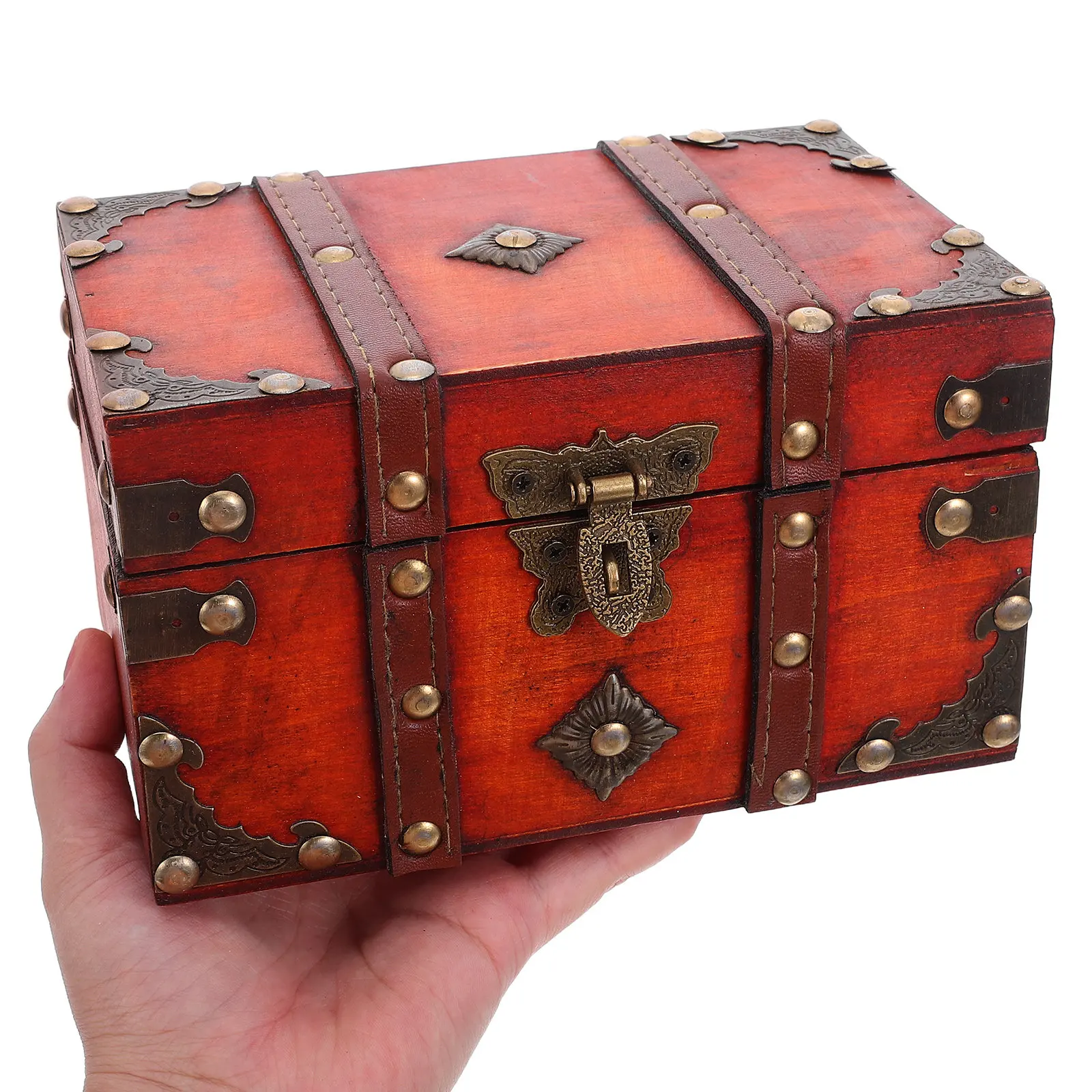 Vintage Treasure Chest Box with Lock Wooden Rustic Decorative Storage Box for Jewelry Keepsakes Trinkets Pirate Themed Party