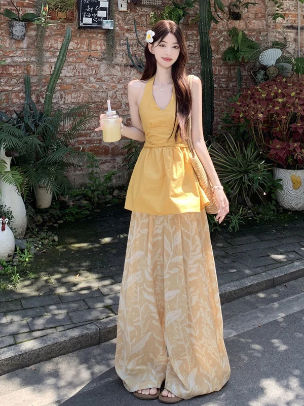 

Women's V-neck Casual Tank Top Neck Hanging Summer Fashion Slimming Two-piece Set Long Pants Chic Style Pure Desire 2025