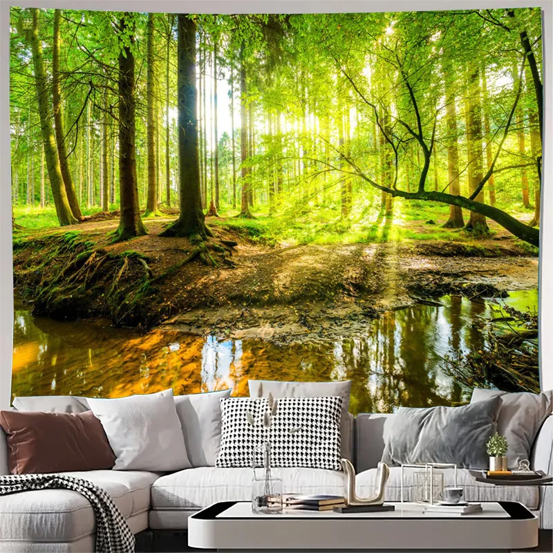 Bohemian Nature Forest Tapestry Wall Hanging Green Sunlight Jungle Stream Pond Tropical Backdrop Decor Art for Living Room Bedro