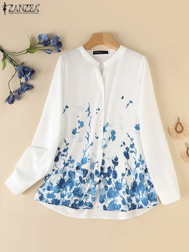 

ZANZEA Vintage Retro Baggy Buttons Blusa Women Long Sleeve Shirt 2024 Summer Floral Print Blouse Elegant Solid V-neck Tops Tunic