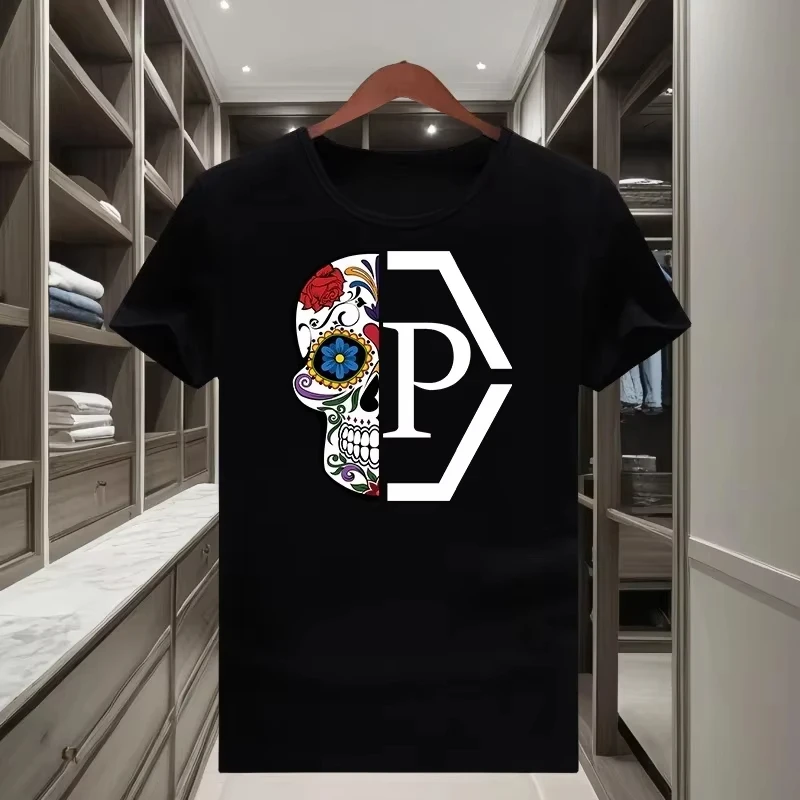 

Cotton Classic Trendy Brand Half Skull Flower Printed Men's and Women's 2025 New Loose Short Sleeved T-shirt Round Neck