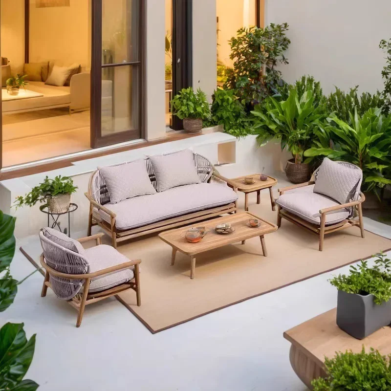 

Outdoor, balcony, teak, leisure, rope sofa chair, courtyard, leisure chair, coffee table combination