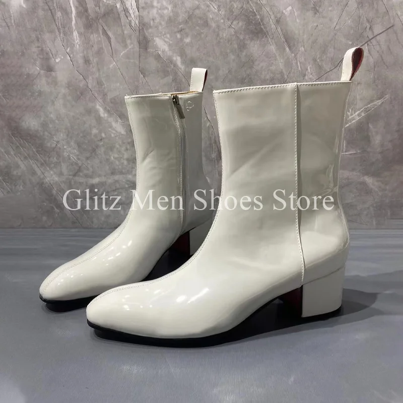 White Patent Leather Zipper Men\'s Boots Winter Ankle Boots Classical Casual British Style Handmade Office Shoes Men Boots