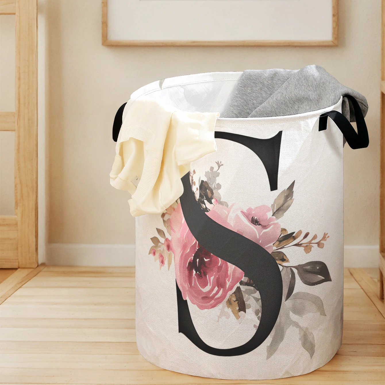 

Складное ведро для хранения с монограммой S и цветочным принтом, большой вместимости, для детских игрушек и одежды, для дома и ванной комнаты