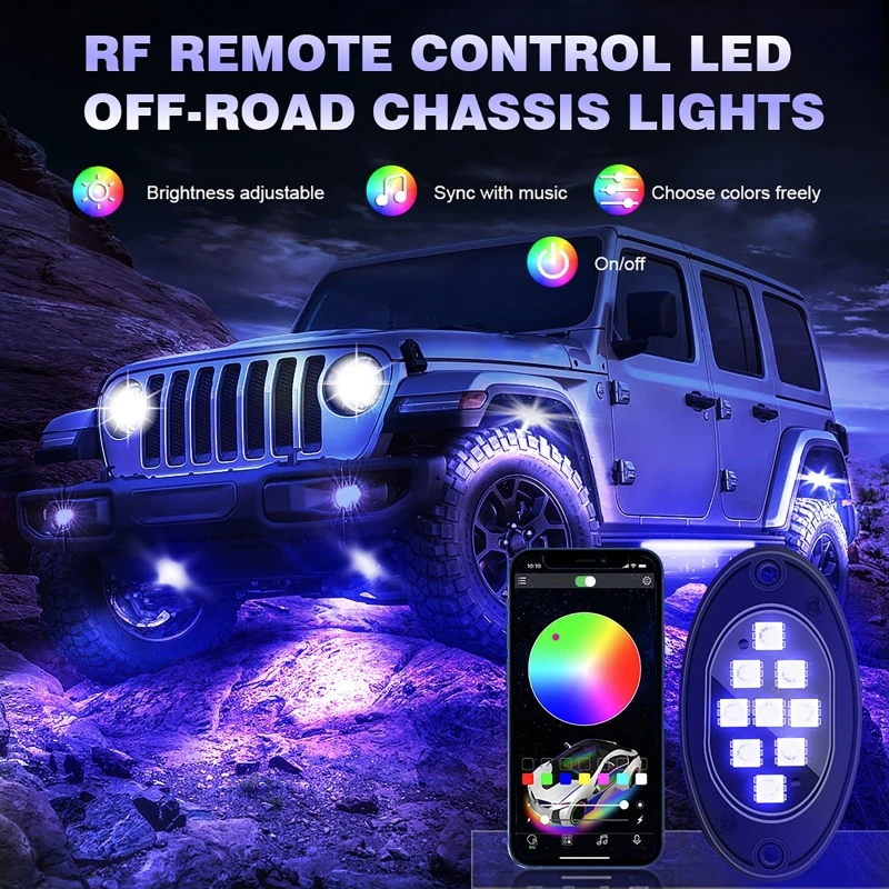 6/8/12 IN1 Car RGB 9LED Rock Lights Chassis Light APP + RF Dual Control Off-Road Vehicle Chassis Atmosphere Lamp 12V