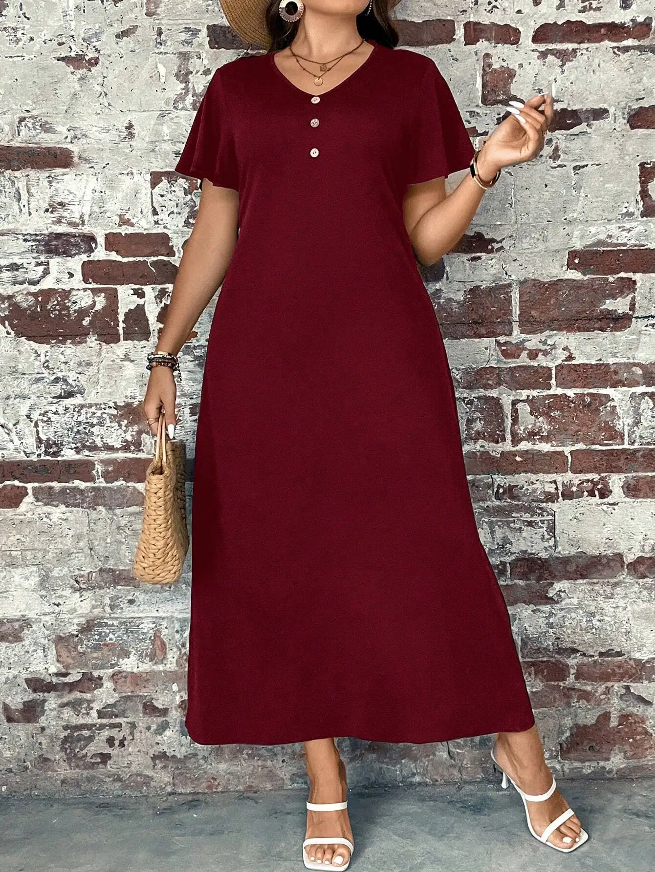 

Женское повседневное длинное платье с V-образным вырезом, короткими рукавами и декоративными пуговицами