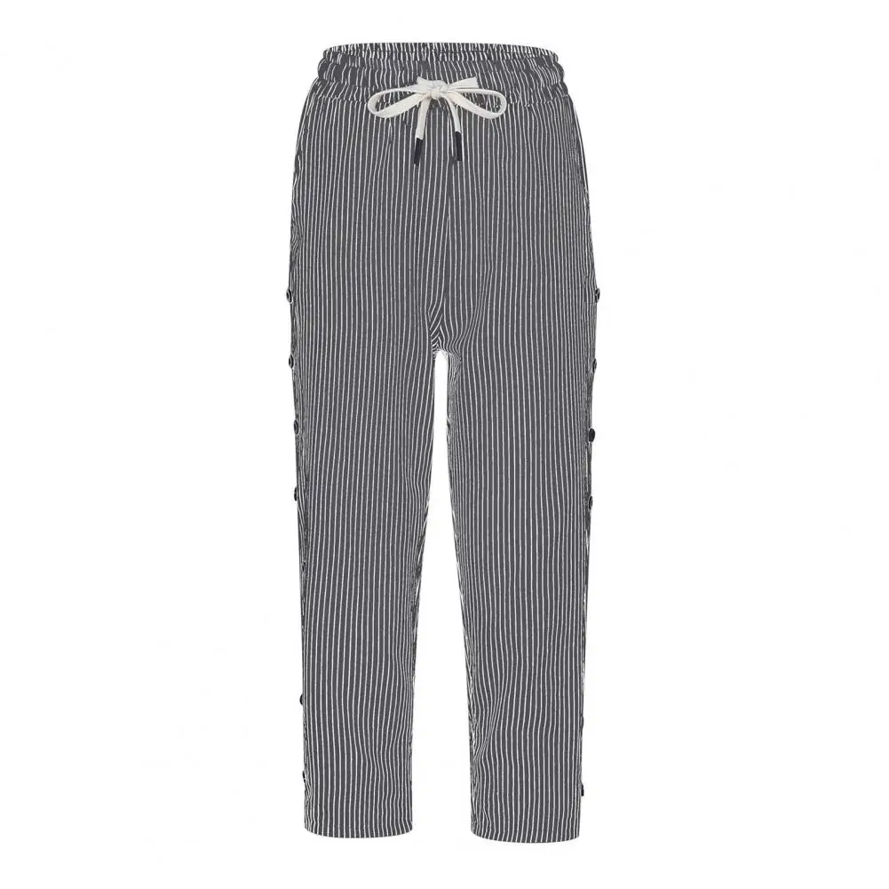 Women Cropped Pants Stylish Vertical Striped Cropped Pants for Women with Elastic Drawstring Waist Pockets Summer Trousers Women