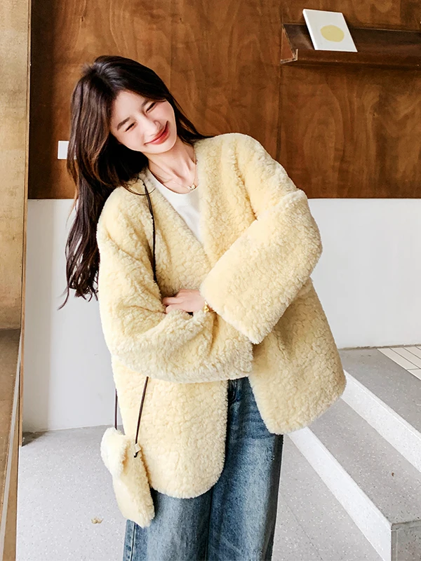 

Женское пальто из овечьей шерсти Thiened, повседневное, свободного кроя, с V-образным вырезом, на пуговицах, длинное, теплый пушистый верхний одяг