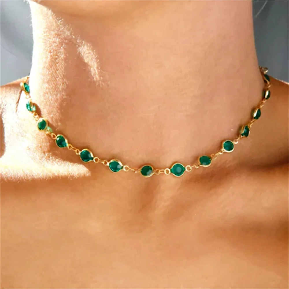 Fashionable And Simple Green Rhinestone Women's Short Single-Layer Necklace Collarbone Chain New Style2024