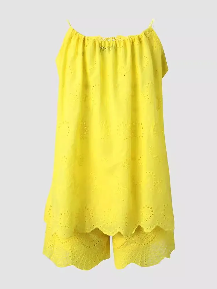 Fashion Solid Color Short Two Piece Set Women Sexy Hollow Out Flower Ruffles Camisole Shorts 2 Piece Sets Female Streetwear New