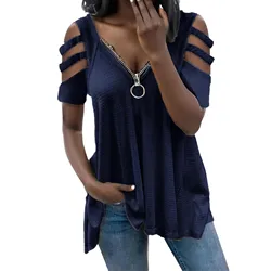 Summer Women Zip Up Blouse Top Short Sleeve Sexy Hollow V-neck Shirt Tunic With Zipper Top Clothes