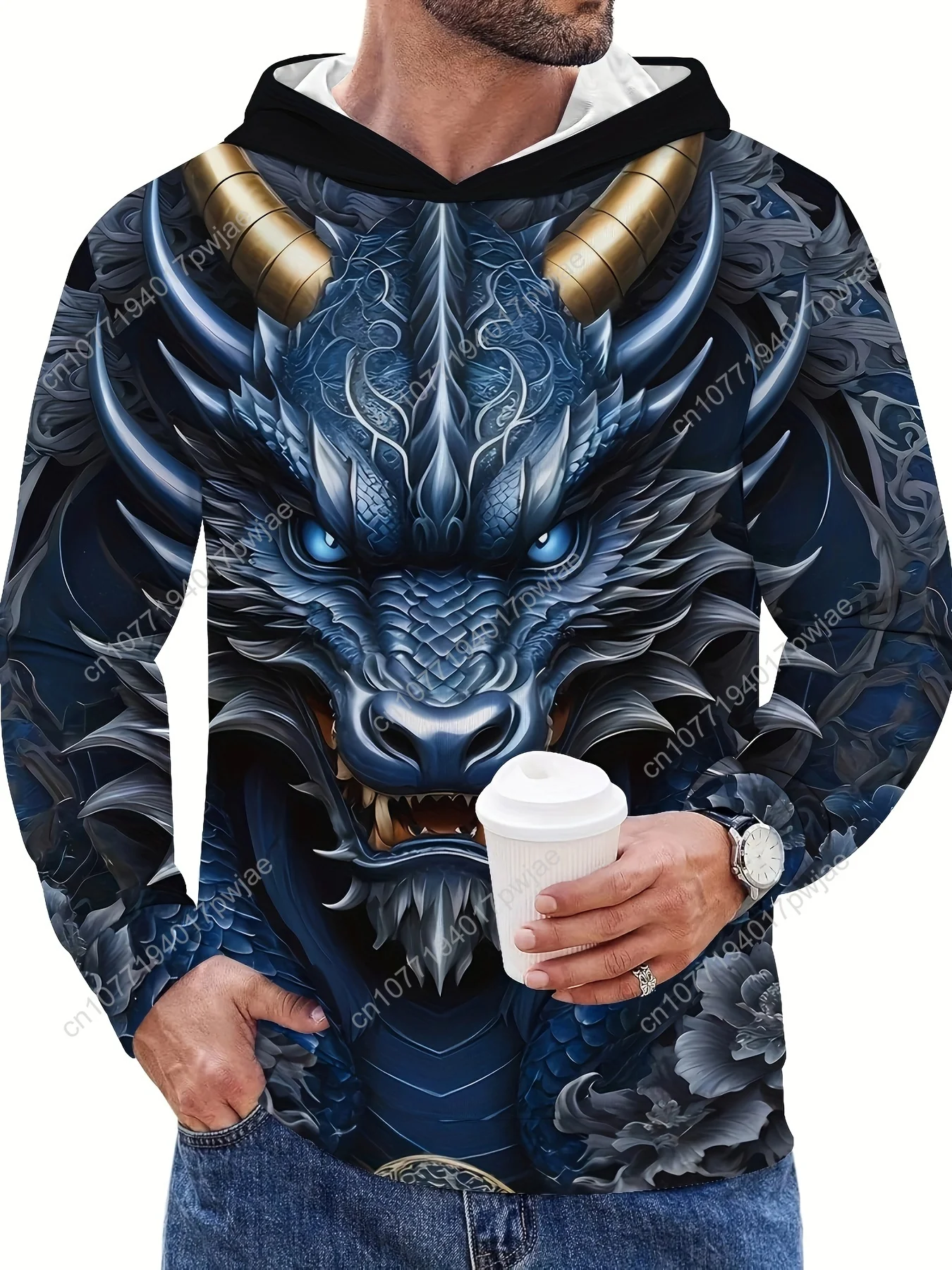 3D Dragon Print Hoodie for Men, Casual Polyester Sweatshirt, Unisex Long Sleeve Hooded Top, Knit Fabric, Casual Leisure Wear for