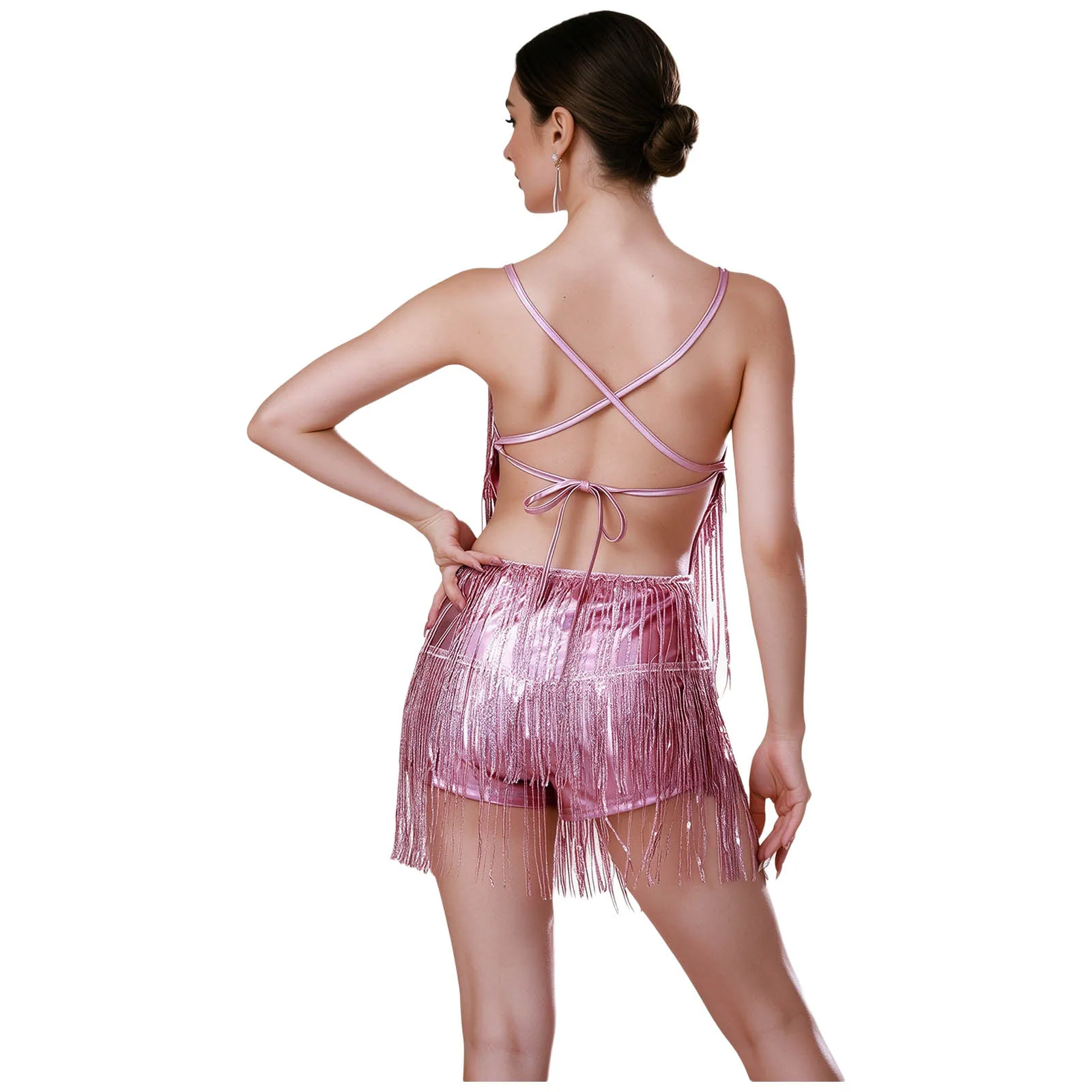 Damen-Pailletten-Fransen-Latin-Tanz-Jumpsuit, 1920er-Jahre-Flapper-Kleid, rückenfreier Body mit Schnürung und Fransen, Metallic-Bodysuit, Bühnenkostüm – Detail 4