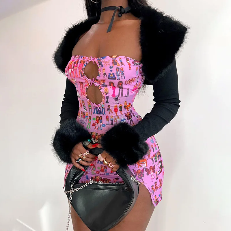 European American Sexy Slim-Fit Barbie Tube Top Hip Skirt Hot Girl Hollow Slit To Show Body Personality Short Dress for Women