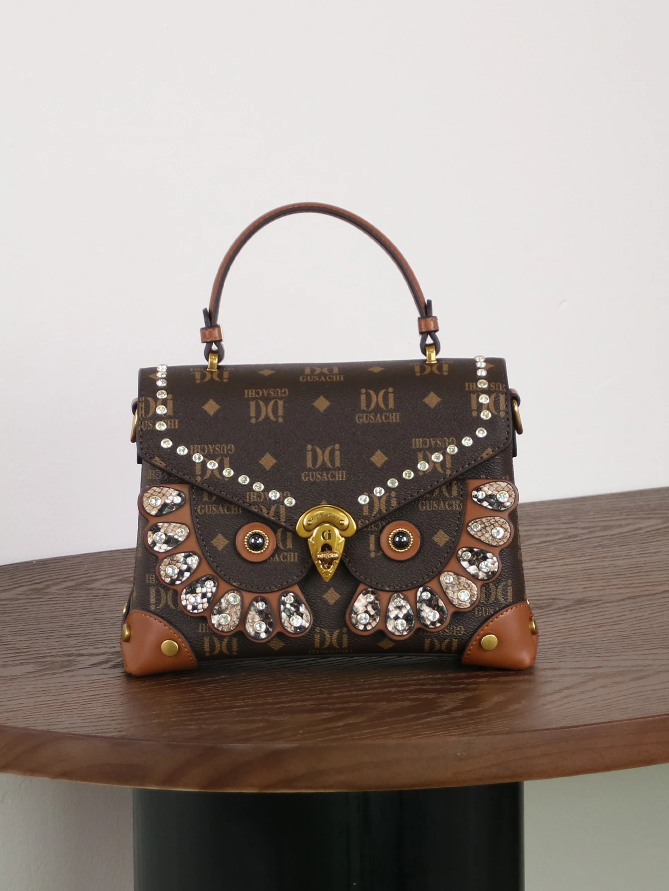 2026 niche design fashion new ladies finalize the design small square bag retro color matching printing heavy metal owl rivet ba view 2