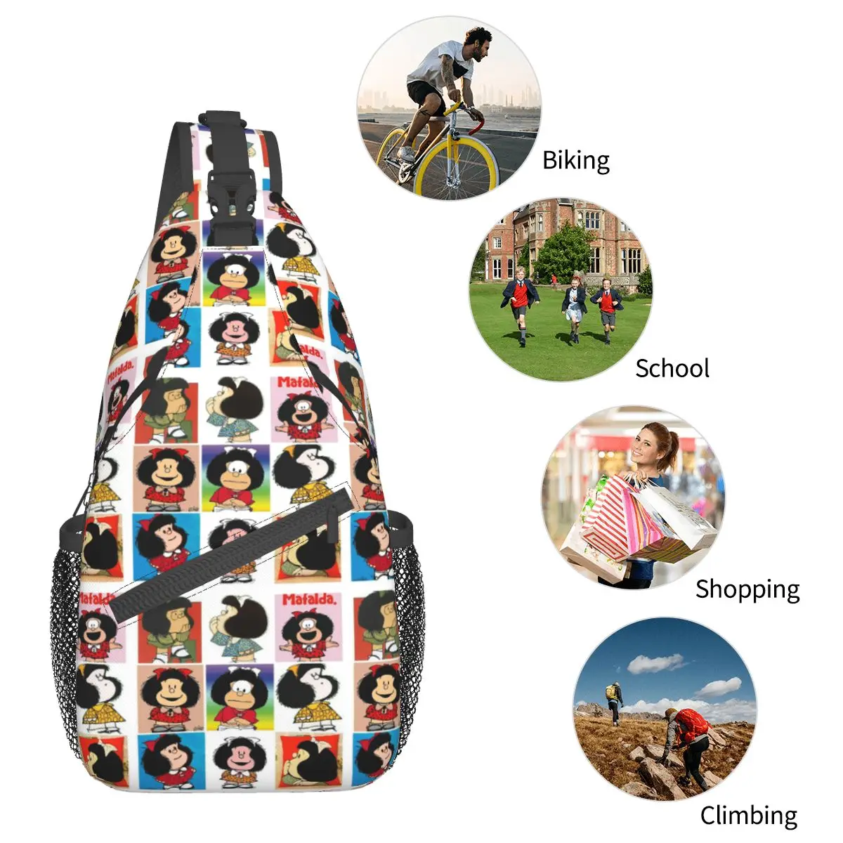 Kawaii Cartoon Anime Xadrez Mafalda Sling Bag Peito Crossbody Ombro Mochila Ao Ar Livre Caminhadas Daypacks Homens Mulheres Pack