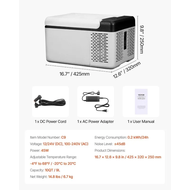 VEVOR 10 Quart 12 Volt Mini Congelatore Portatile Compressore per Auto Frigo Dispositivo di Raffreddamento