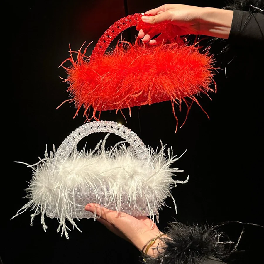 

Bead Woven Bag With Feather Fur Designer Brand Clear Acrylic Crystal Stone Box Tote Handbags Women Handmade Party Evening Bags