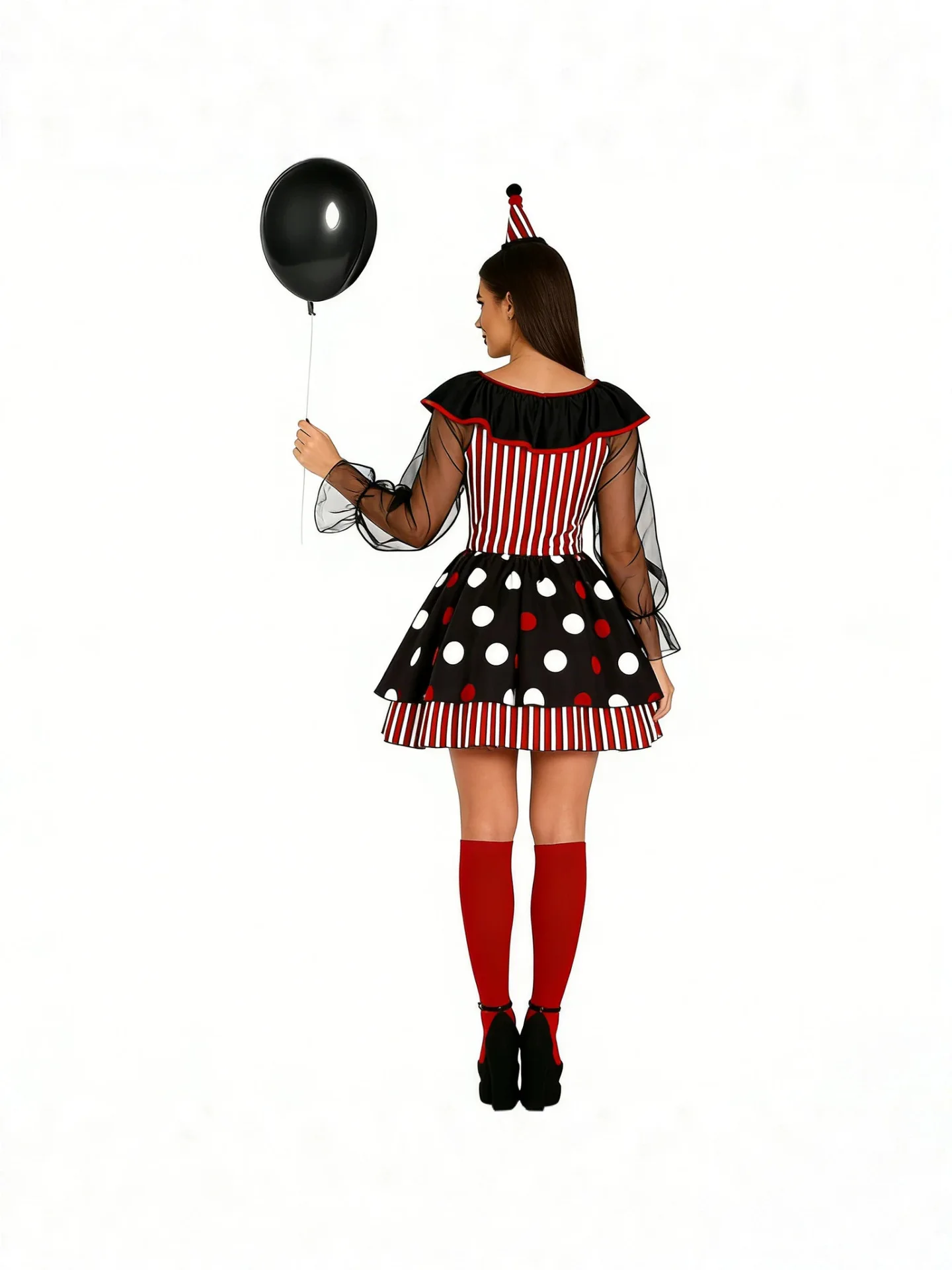 Halloween Costumes Women Horror Clown Cosplay Mini Dress Sheer Long Sleeve Ruffle Collar Polka Dot Stripe Party Club Outfit - view 5