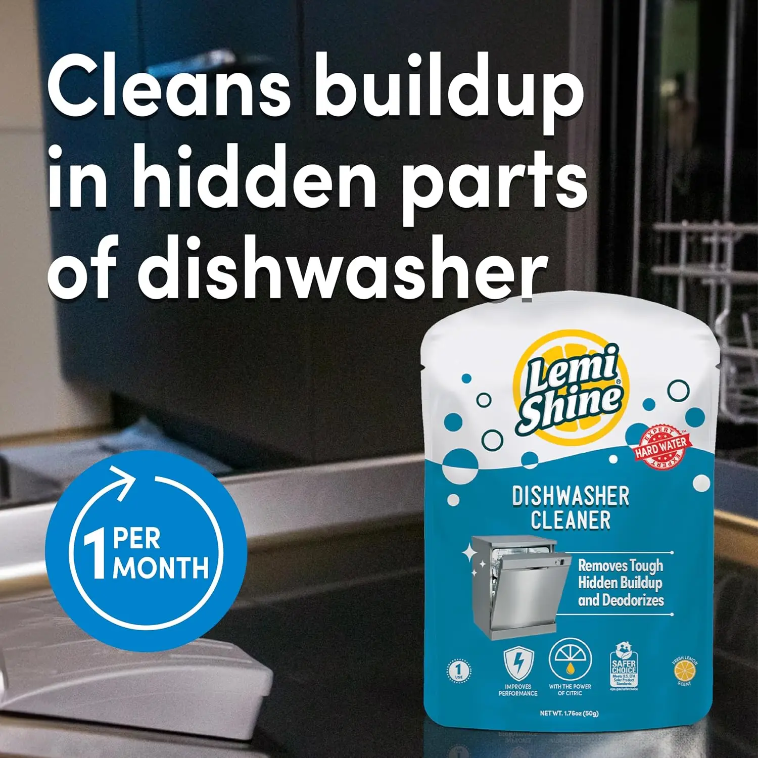 Dishwasher Cleaner and Deodorizer with Citric Acid for Hard Water Stains, Lemon Scented, Removes Odor Buildup, 1.76 oz